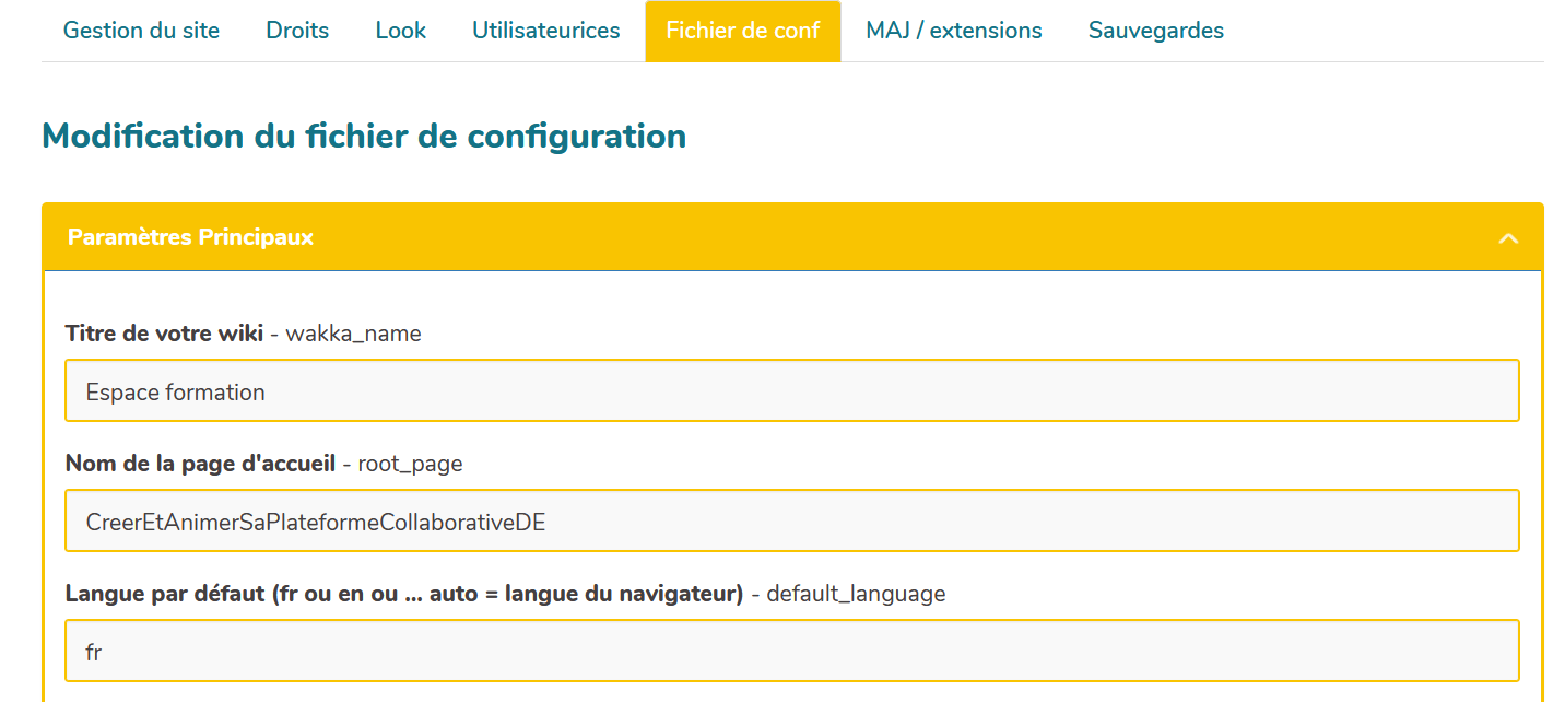 capture d'écran de la page Fichier de configuration